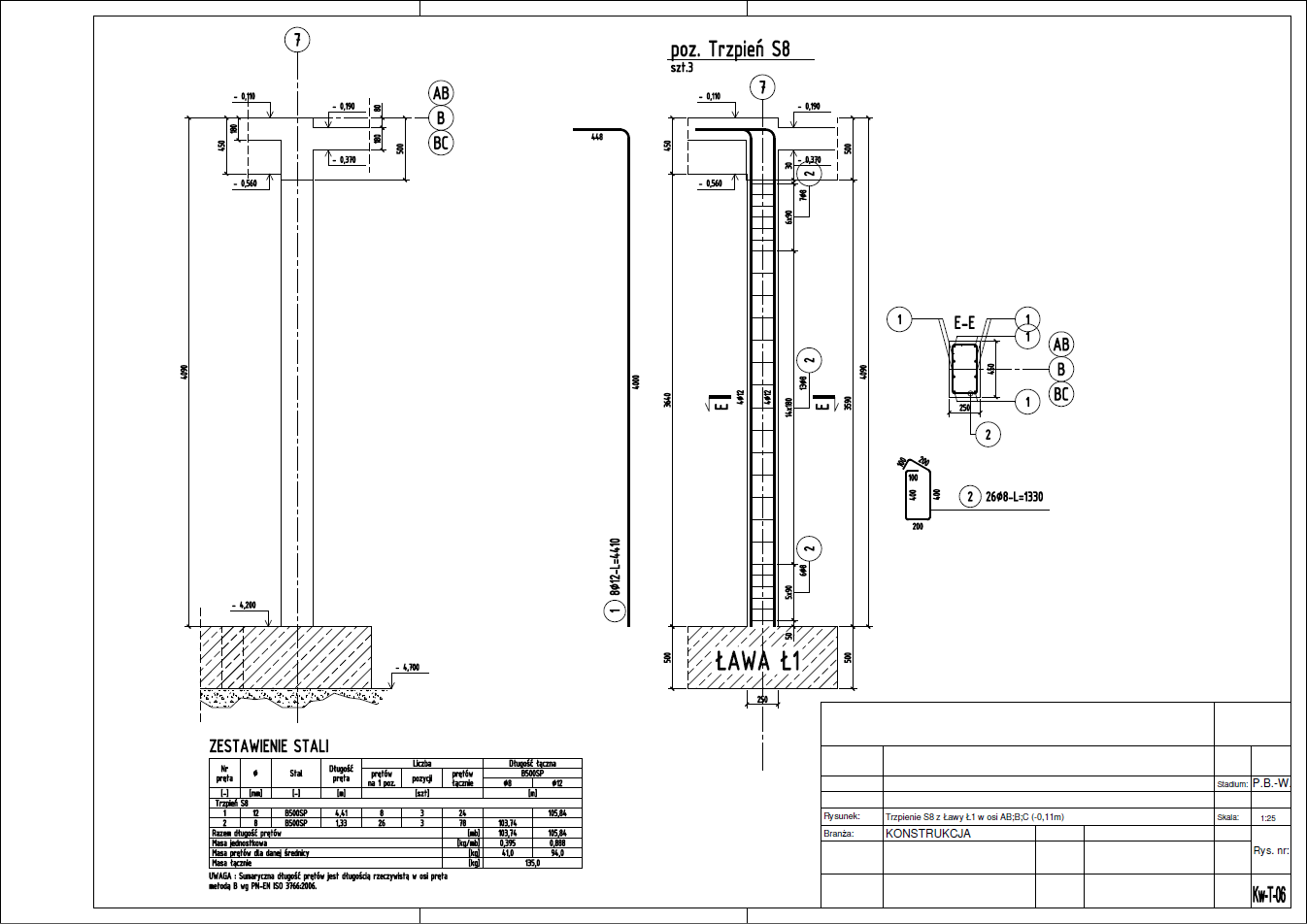 Trzpienie S8 z Ławy Ł1 w osi AB;B;C (-0,11m)