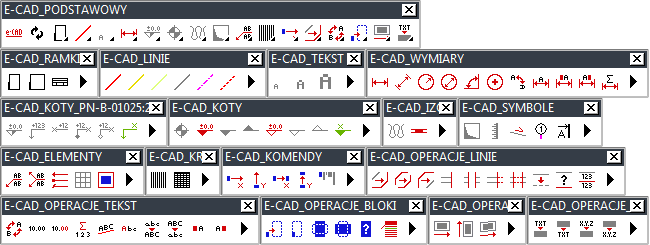 Paski menu nakładki e-CAD Podstawowy dla ZwCADa®, ZwCADa+® Plus, AutoCADa®, GstarCADa®, BricsCADa®