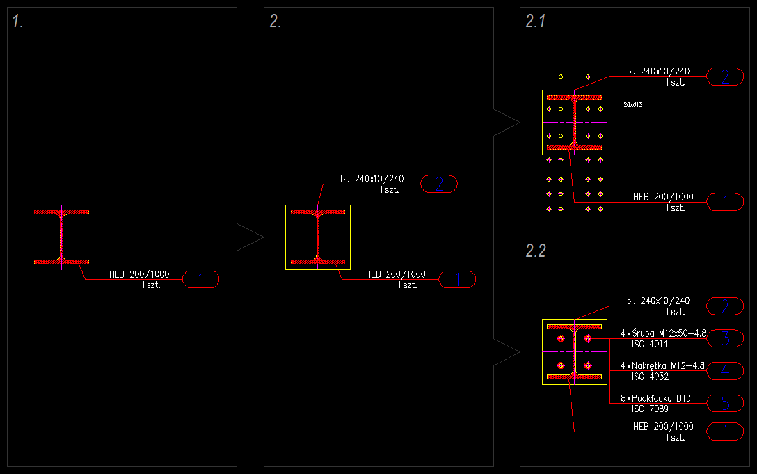 Połączenie doczołowe blachy z dwuteownikiem wykonane przy użyciu nakładki e-CAD Połączenia