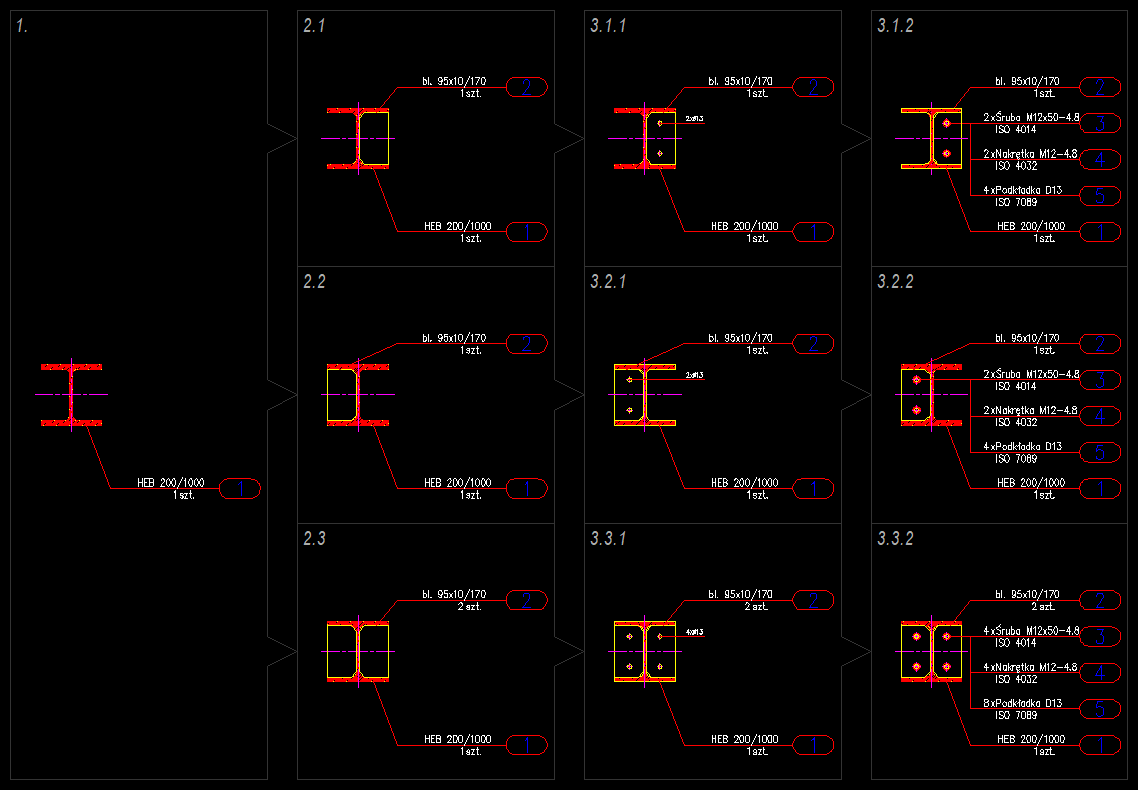 Połączenie śrubowe do żebra dopasowanego z dwuteownikiem wykonane przy użyciu nakładki e-CAD Połączenia