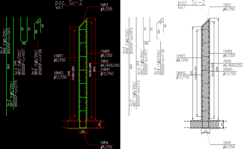 Przykładowa ściana wygenerowana automatycznie przy pomocy opcji nakładki e-CAD Żelbet - Rysuj przekrój poziomy ściany