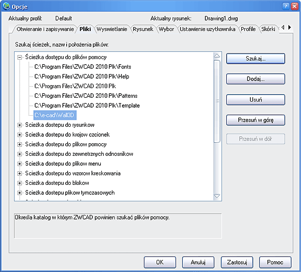 Okno dialogowe Opcje i Ścieżki dostępu do plików pomocy programu ZwCAD
