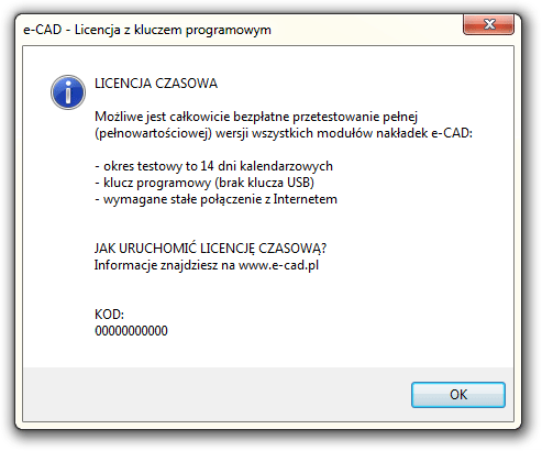 Okno dialogowe pełnowartościowej Licencji czasowej z kluczem programowym w nakładkach e-CAD