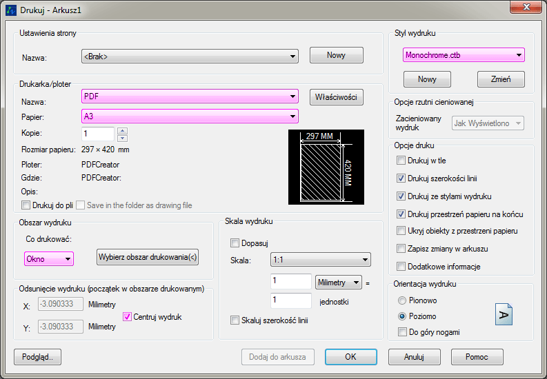 Okno dialogowe ustawienia wydruku w programie CAD