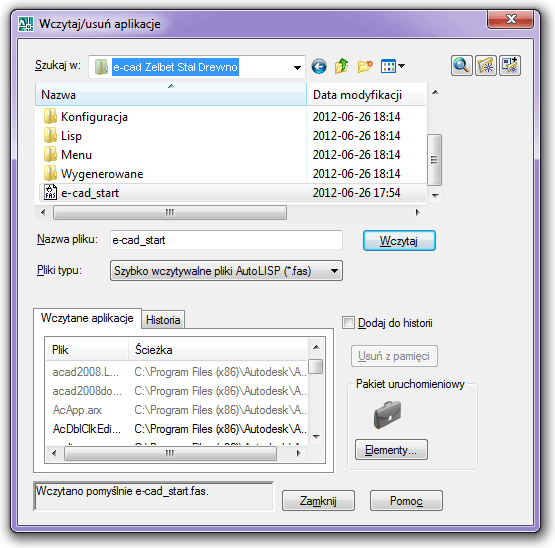 W oknie Wczytaj/usuń aplikacje odszukaj plik e-cad_start.fas znajdujący się w folderze zainstalowanej nakładki.