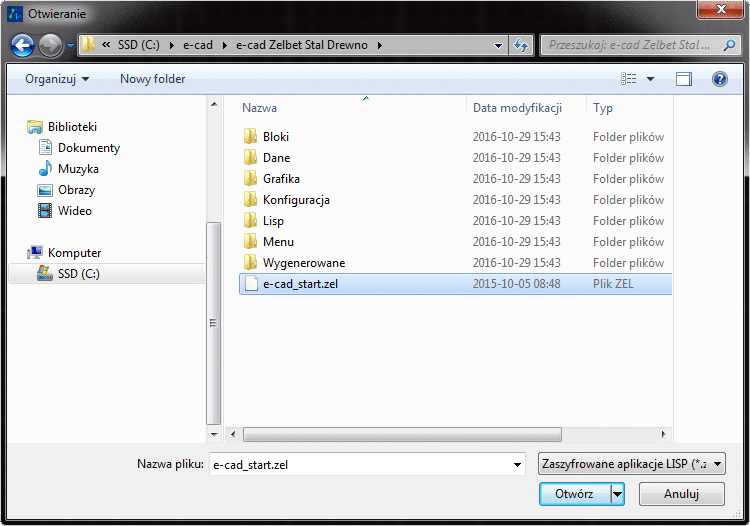 W oknie Otwieranie odszukaj plik e-cad_start.zel znajdujący się w folderze zainstalowanej nakładki.