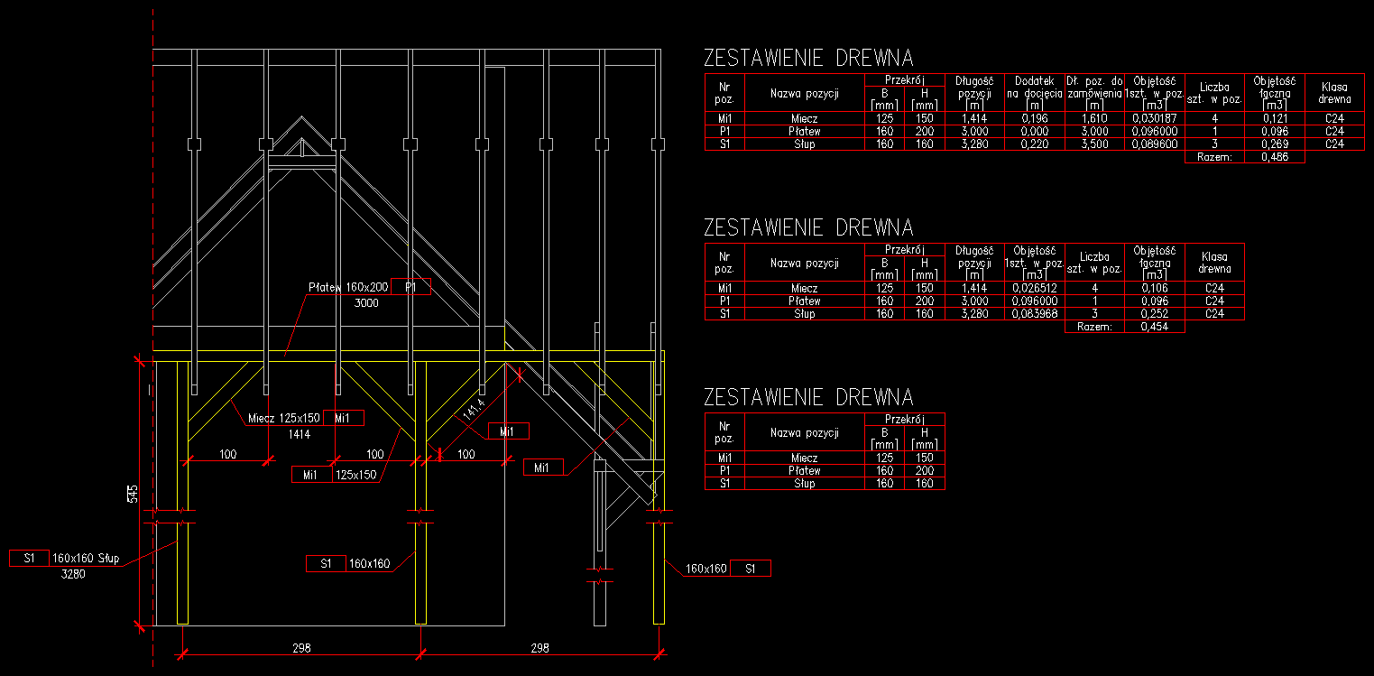 Przykładowy fragment projektu ścianki stolcowej w skali 1:50, wykonany przy pomocy nakładki e-CAD Drewno