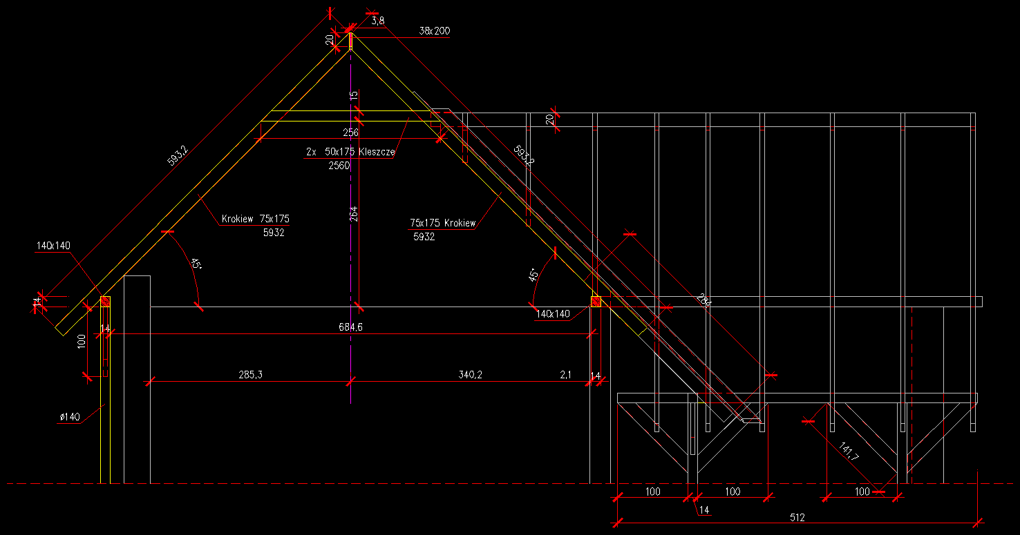 Rysunek do projektu budowlanego przekroju poprzecznego dachu, wykonany w module e-CAD Drewno