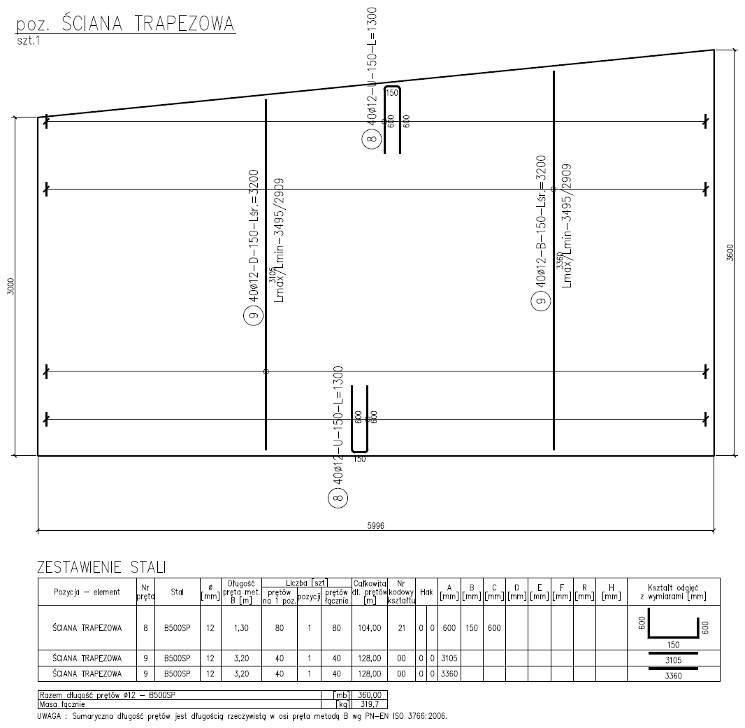 Przykład ściany trapezowej – widok wydruku PDF