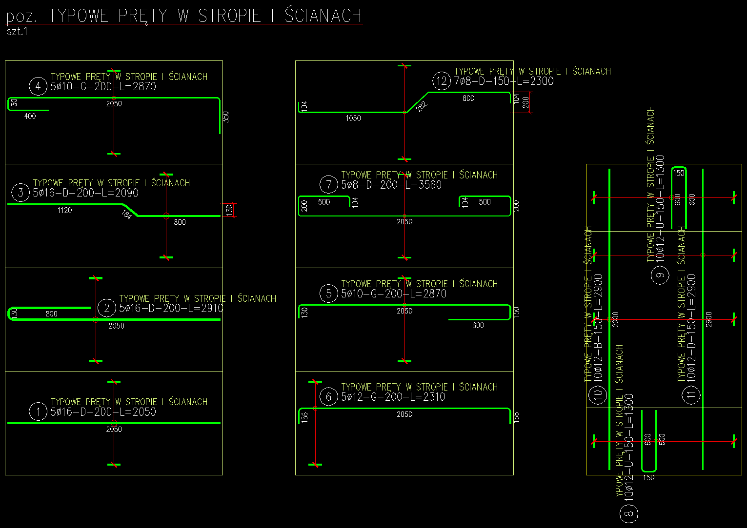 Typowe pręty w stropie i ścianach - wybrane przykłady wygenerowane automatycznie, przy pomocy nakładki e-CAD Dynamiczne Zbrojenie