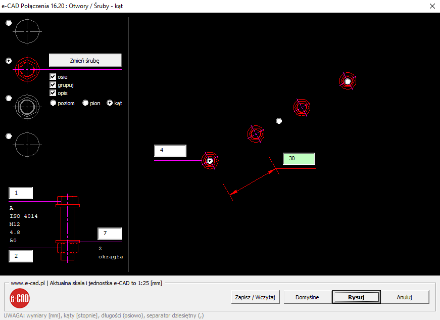 Okno dialogowe Wstaw otwory / śruby pod dowolnym kątem