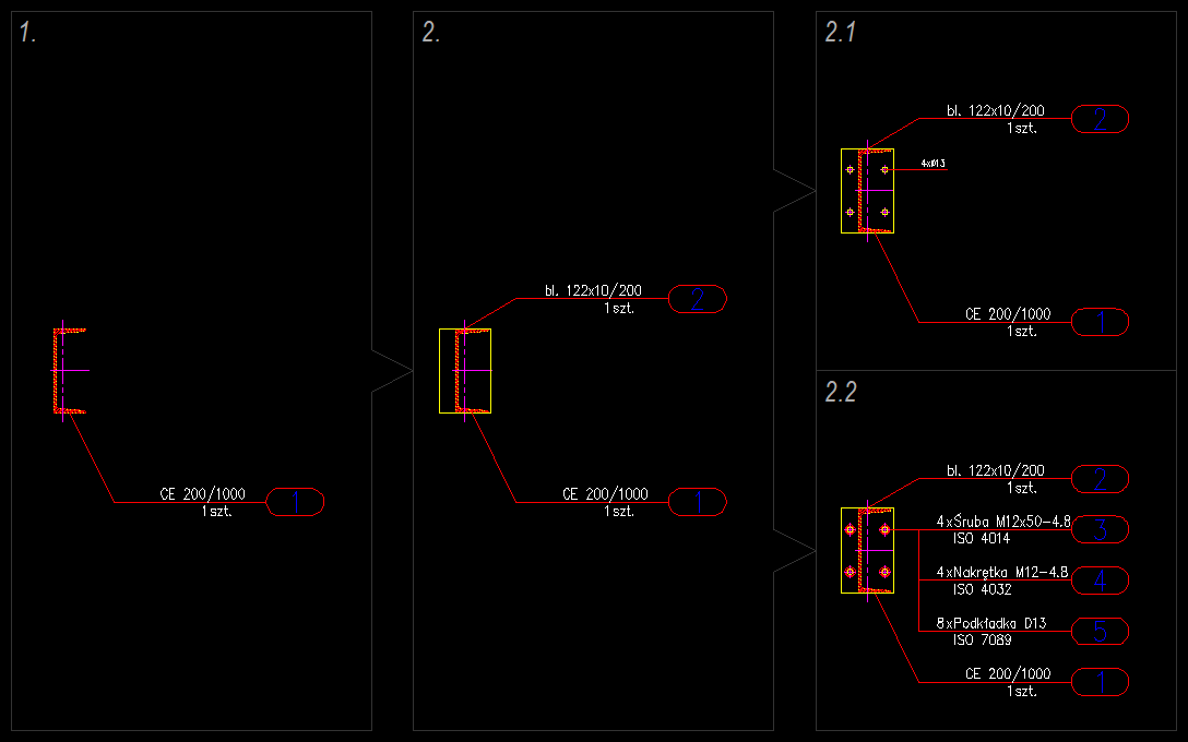 Połączenie doczołowe symetryczne z blachą i z ceownikiem wykonane przy użyciu nakładki e-CAD Połączenia