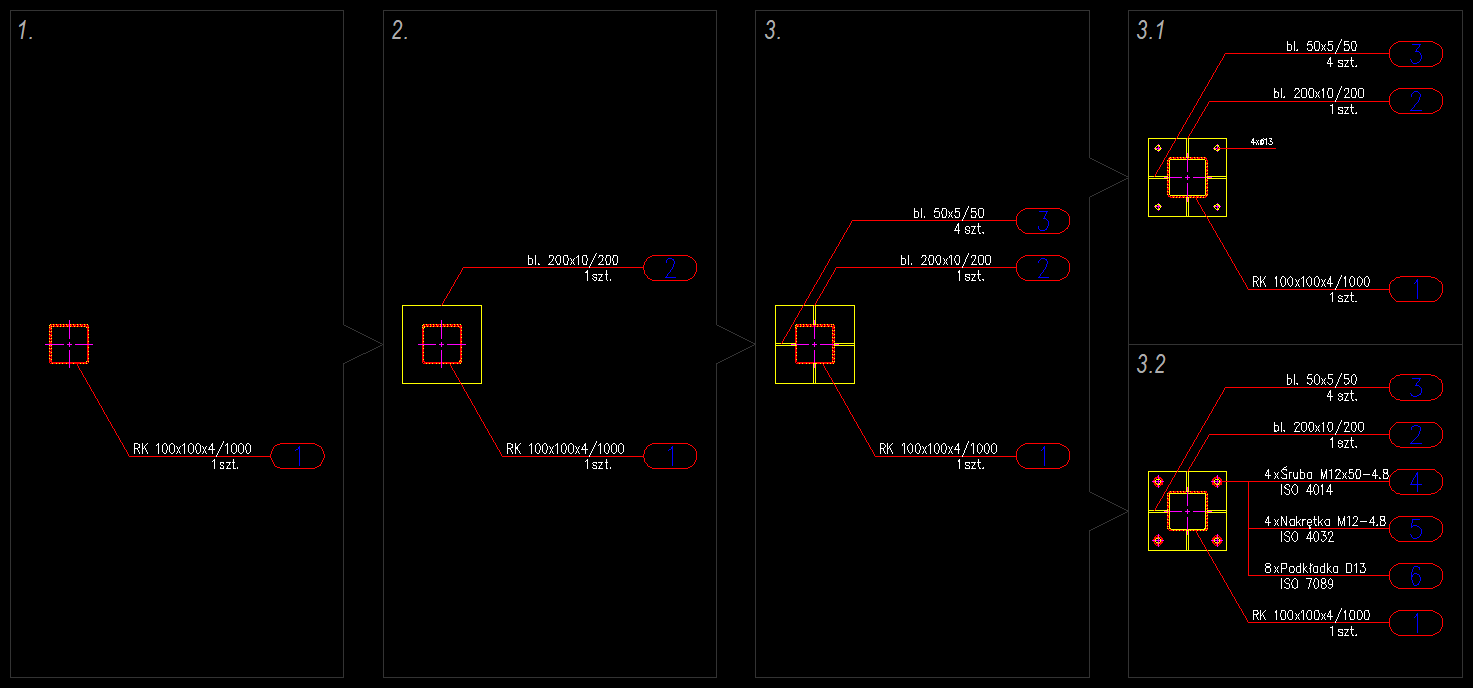 Połączenie doczołowe rury kwadratowej z żebrami wykonane przy użyciu nakładki e-CAD Połączenia
