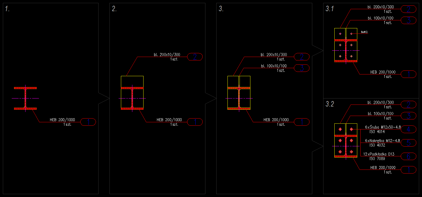 Połączenie doczołowe dwuteownika z blachą i z żebrem górnym wykonane przy użyciu nakładki e-CAD Połączenia
