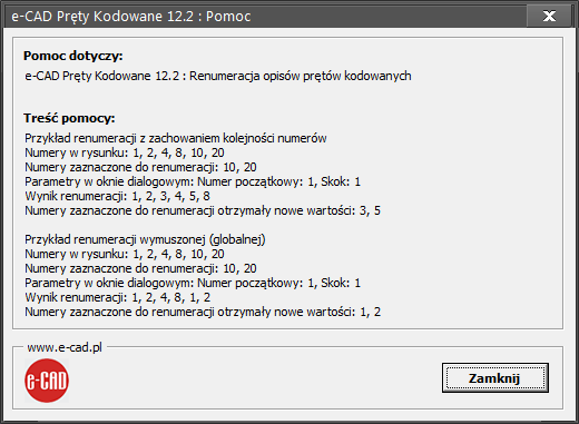 Przykładowe okno dialogowe z podpowiedziami i pomocą w module e-CAD Pręty Kodowane