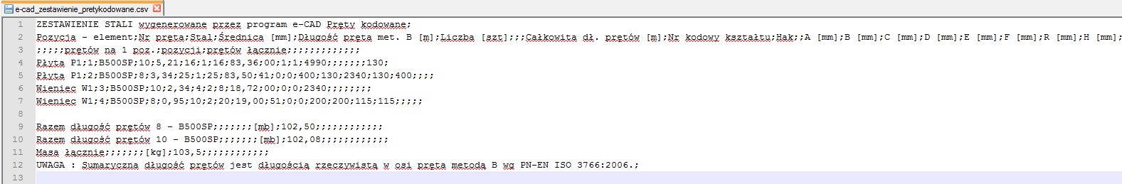 Tekstowe Zestawienie Stali prętów kodowanych do pliku tekstowego CSV