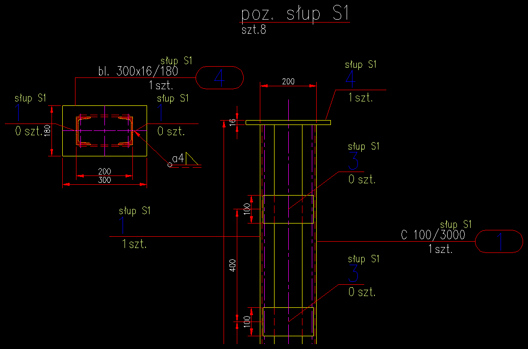 Fragment projektu słupa wykonany z nakładką e-CAD Stal dla ZWCAD®, ZWCAD+® Plus, AutoCAD®, GstarCADa®, BricsCADa®