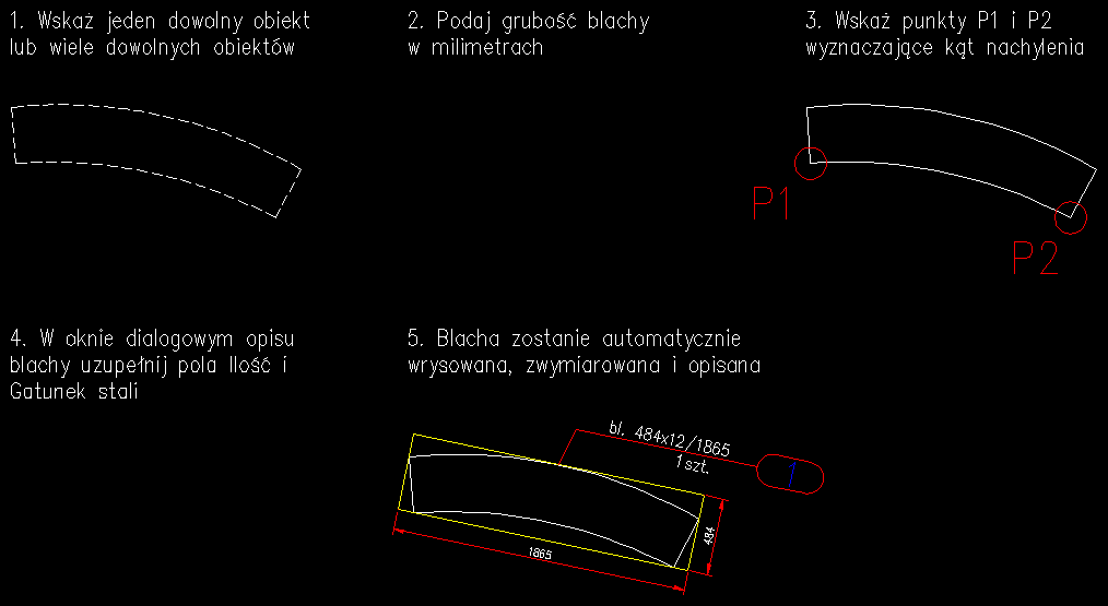 Automatyczne wrysowywanie blachy poprzez wskazanie dowolnej ilości elementów w nakładce e-CAD Stal dla ZWCAD®, ZWCAD+® Plus, AutoCAD®, GstarCAD®, BricsCAD®