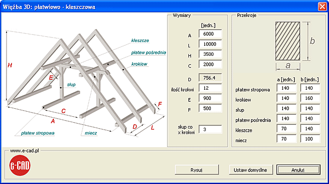 Okno dialogowe programu dla AutoCADa® o nazwie Więźba 3D napisanego przez programistów z www.e-cad.pl