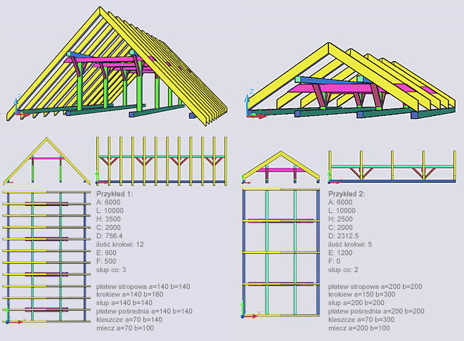Przestrzenne modele drewnianej konstrukcji dachu wykreślone przez nakładkę dla AutoCADa® o nazwie Więźba 3D napisaną przez programistów z www.e-cad.pl