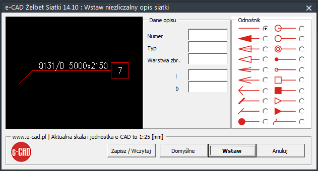 Okno dialogowe Wstawiania opisu niezliczalnego siatki w nakładce e-CAD Żelbet Siatki dla programów: AutoCAD®, BricsCAD®, GstarCAD®, ZWCAD®