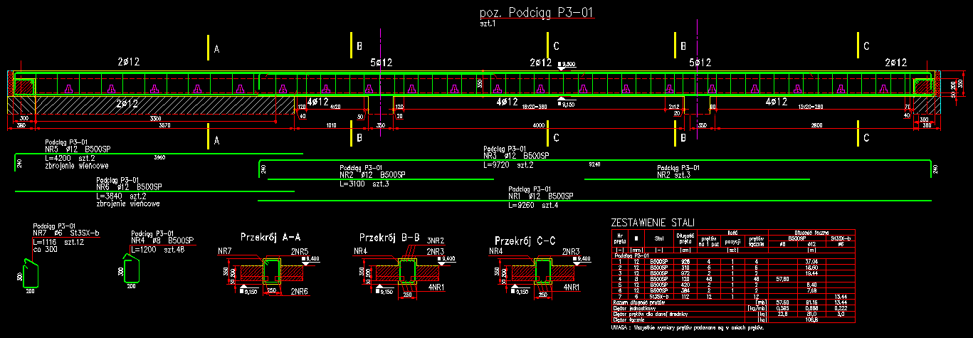 Rysunek zbrojenia podciągu wykonany przy wsparciu narzędzi z nakładki e-CAD Żelbet na ZWCADa®, ZWCADa+ Plus®, AutoCADa®, GstarCADa®, BricsCADa®.