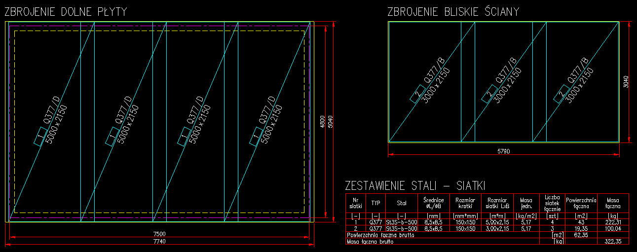 Rysunki i zestawienie siatek wrysowanych przy pomocy nakładki e-CAD Żelbet na ZWCADa®, ZWCADa+ Plus®, AutoCADa®, GstarCADa®, BricsCADa®