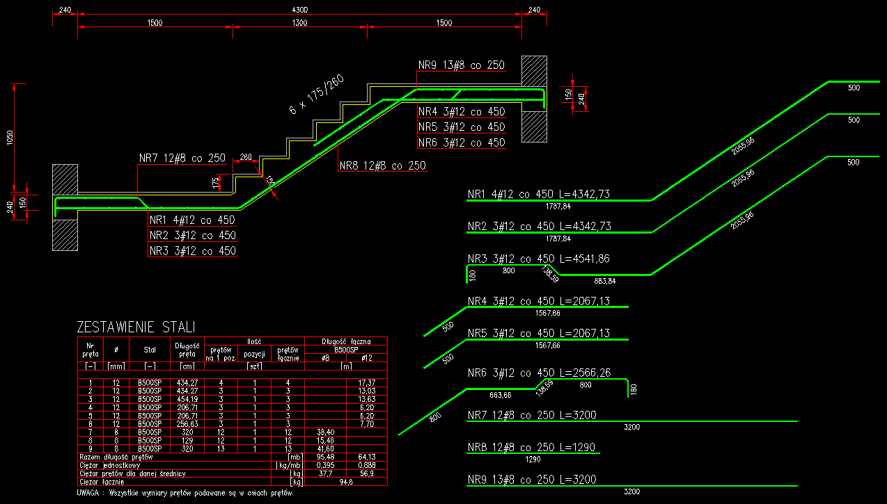 Rysunek schodów płytowych z 2 spocznikami wygenerowany przez nakładkę e-CAD Żelbet na ZWCADa®, ZWCADa+ Plus®, AutoCADa®, GstarCADa®, BricsCADa®