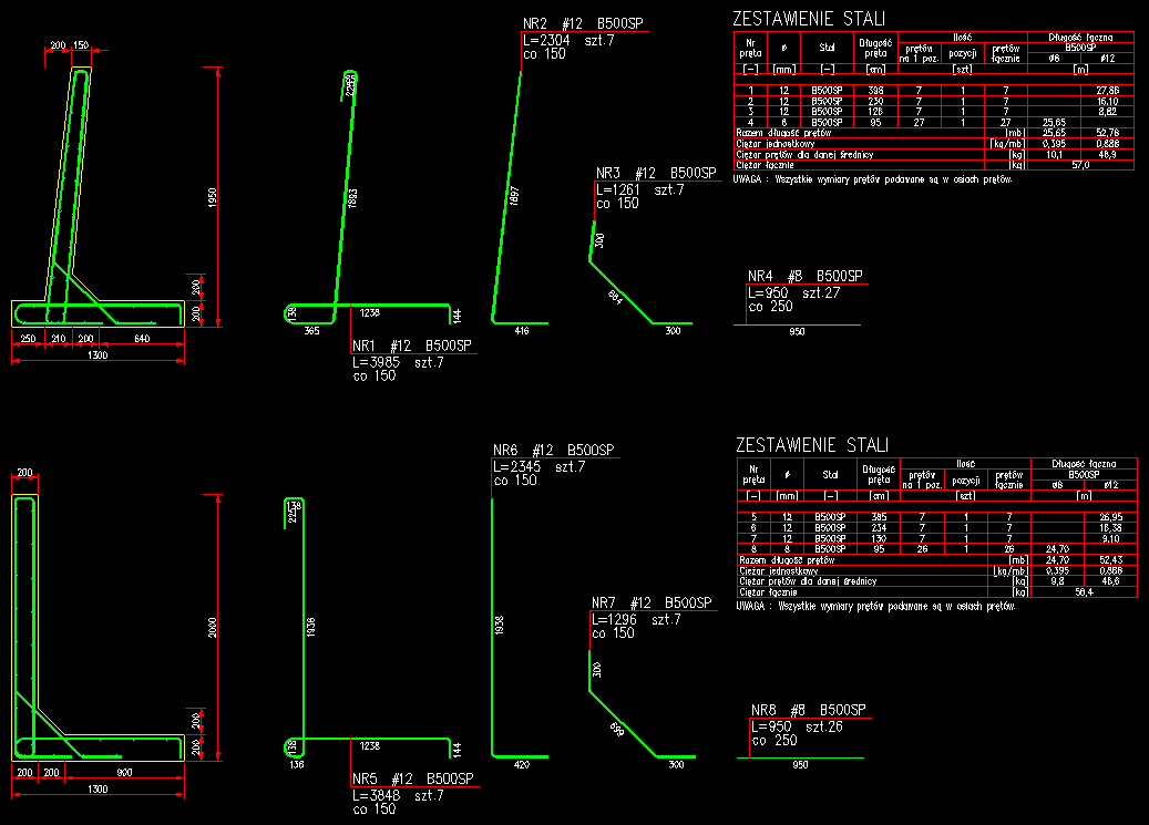 Rysunki ścian oporowych typu L wygenerowanych automatycznie przez nakładkę e-CAD Żelbet na ZWCADa®, ZWCADa+ Plus®, AutoCADa®, GstarCADa®, BricsCADa®