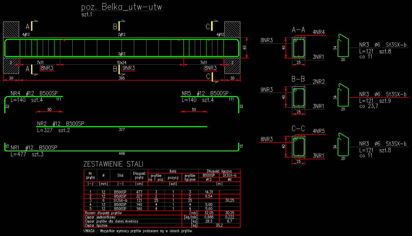 Kompletny rysunek przekroju belki jednoprzęsłowej o schemacie utwierdzonym, wygenerowany automatycznie przez program e-CAD Żelbet na ZWCADa®, ZWCADa+ Plus®, AutoCADa®, GstarCADa®, BricsCADa®