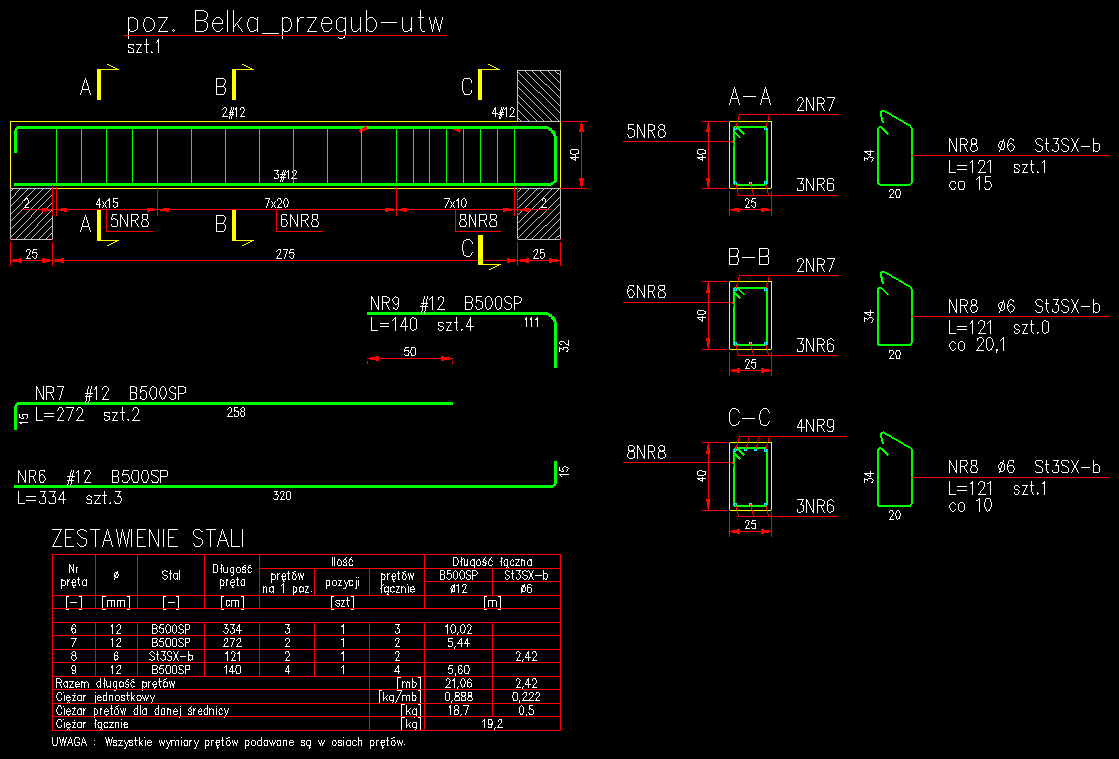 Kompletny rysunek przekroju belki jednoprzęsłowej utwierdzonej po 1 stronie, wygenerowany automatycznie przez program e-CAD Żelbet na ZWCADa®, ZWCADa+ Plus®, AutoCADa®, GstarCADa®, BricsCADa®