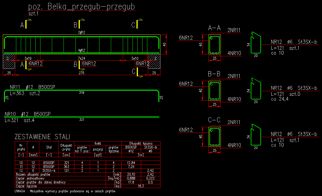 Kompletny rysunek przekroju belki jednoprzęsłowej wolnopodpartej, wygenerowany automatycznie przez program e-CAD Żelbet na ZWCADa®, ZWCADa+ Plus®, AutoCADa®, GstarCADa®, BricsCADa®