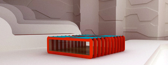 Wizualizacja koncepcja futurystycznego stolika wykreślona nakładką e-CAD