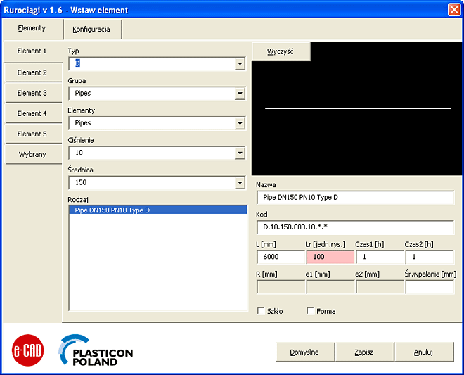 Okno dialogowe Wstaw element, zakładka elementu głównego programu e-CAD Rurociągi