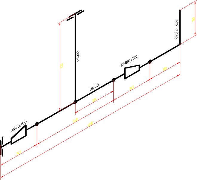 Przykład fragmentu wrysowanego rurociągu składającego się z kilku elementów w aplikacji e-CAD Rurociągi