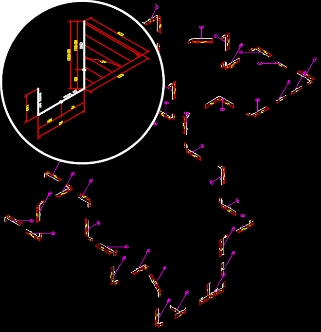 Wiele przykładowych fragmentów rurociągu wrysowanych przez program e-CAD Rurociągi